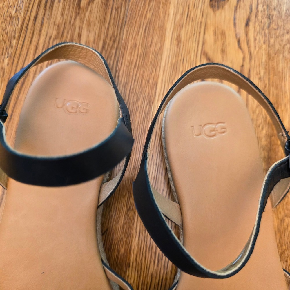 UGG Womens 8 Kari Black Leather Braided Strappy Ankle Strap Espadrille Sandals - Picture 2 of 5